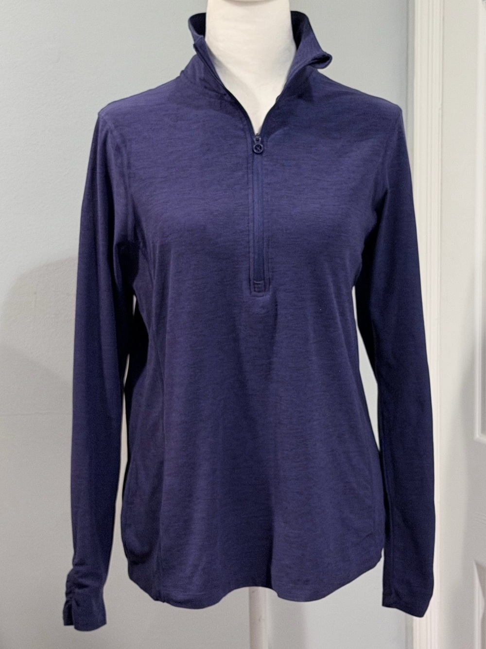 Layer 8 Navy Space Dye Quarter Zip Athletic Pullover Ruched Top Women’s M